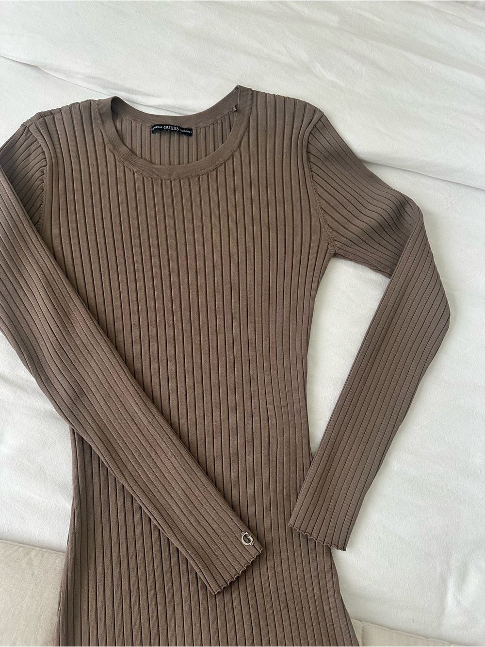 Guess Ribbed Long Sleeve Midi Dress - Taupe Brown - Picture 3 of 5
